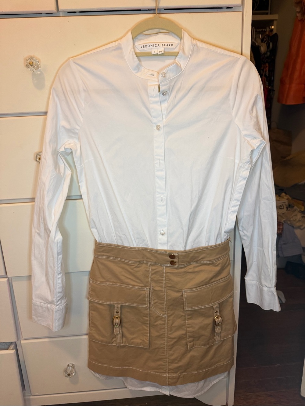 Veronica Beard White Shirt with Tan Utility Skirt Overlay